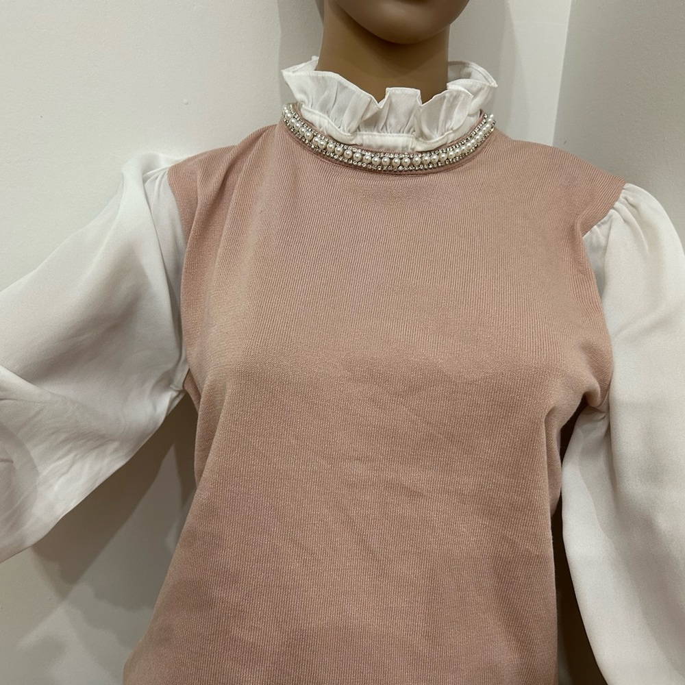 Cable & Gauge Pink Puff Sleeve Ruffled Blouse